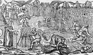 An English harvesting scene from Holinshed's Chronicles, 1577.