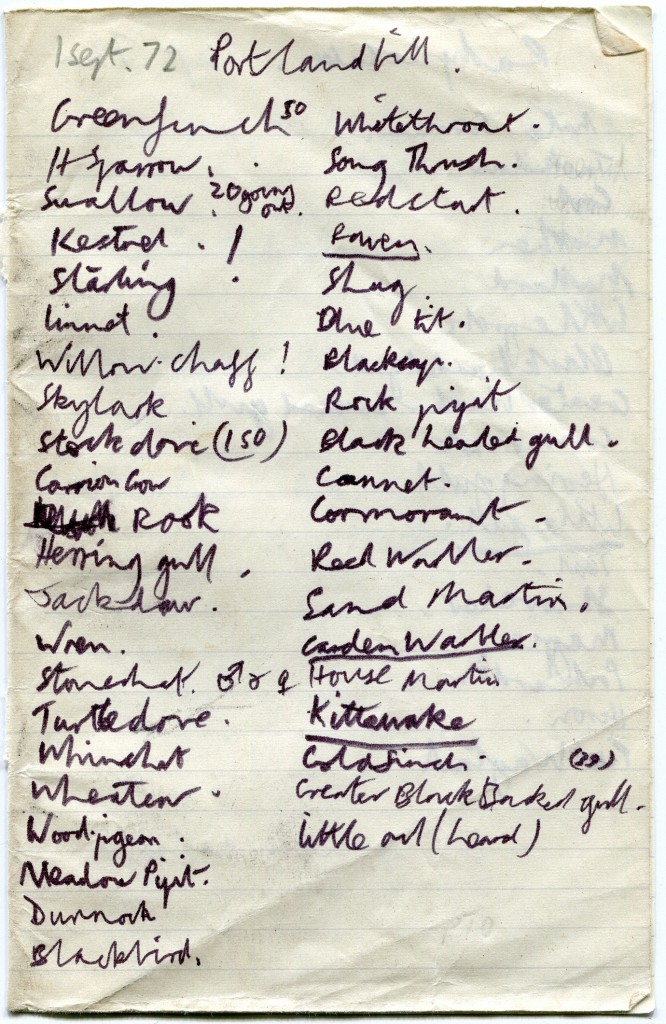 Portland Bill Bird List 1 Sept 1972