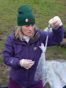Nicola weighing a woodmouse