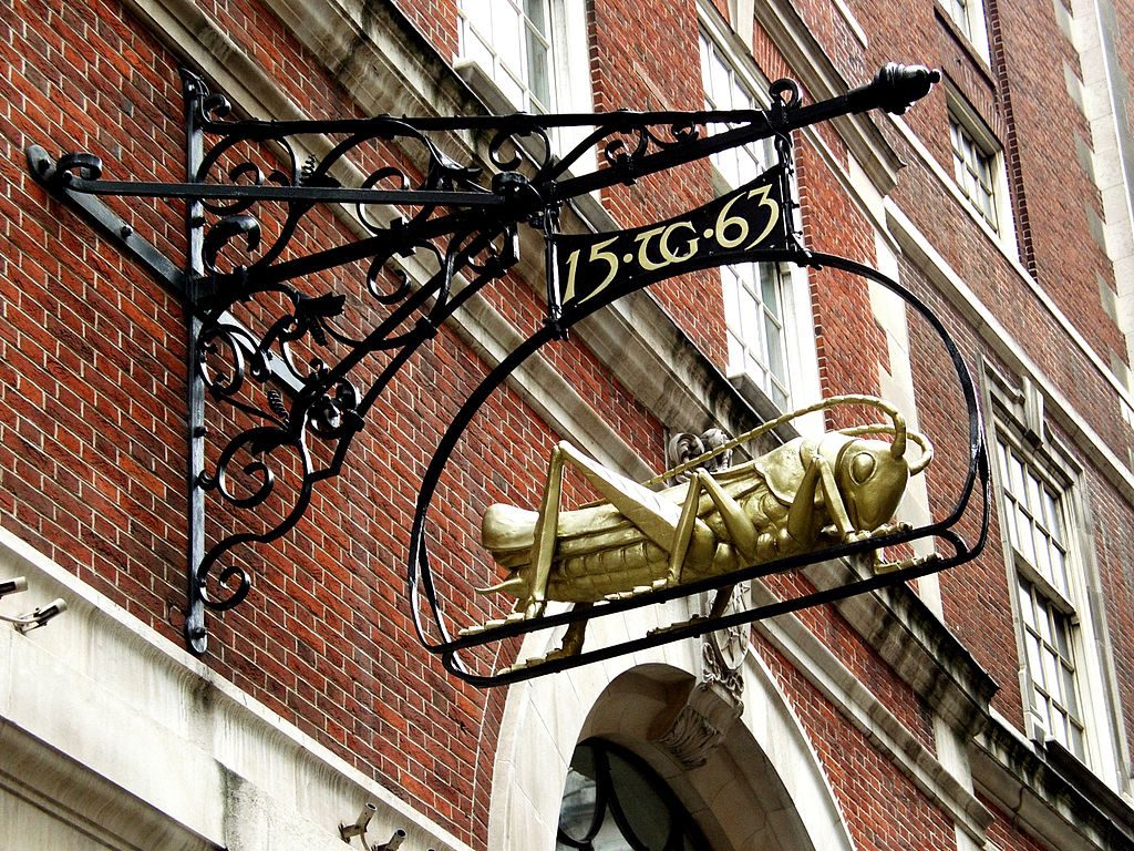 Sir Thomas Gresham's symbol, a golden grasshopper (a pun on his name, Grass-Ham), at his building in Lombard Street